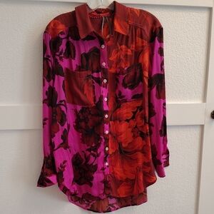 Anthropologie Red and Pink Floral Button-Down Shirt